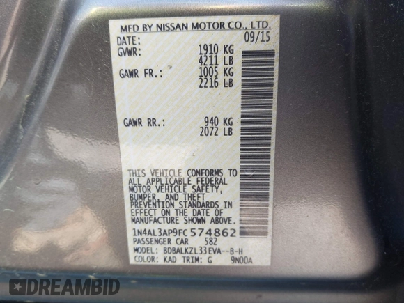 2015 Nissan Altima S with VIN 1N4AL3AP9FC574862, listed as a IAAI auction lot 41981187 with 151,867 mi miles and . Bid and sale history available at DreamBid. Image 9.