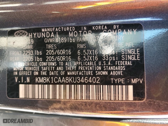 2019 Hyundai Kona SE with VIN KM8K1CAA8KU346402, listed as a Copart auction lot 46371235 with 32,146 mi miles and Salvage Title. Bid and sale history available at carsss.com. Image 15.