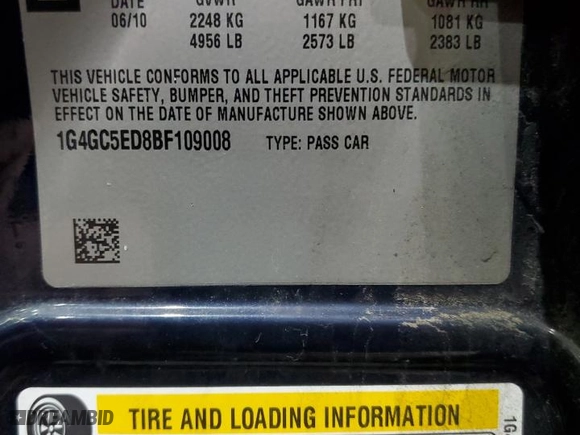 2011 Buick LaCrosse CXL with VIN 1G4GC5ED8BF109008, listed as a Copart auction lot 51648525 with 0 mi miles and Non Repairable. Bid and sale history available at carsss.com. Image 13.