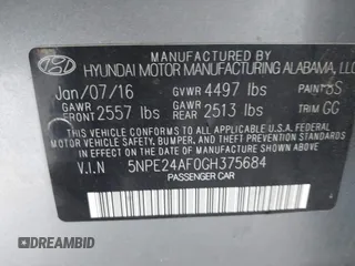 2016 Hyundai Sonata SE with VIN 5NPE24AF0GH375684, listed as a IAAI auction lot 42008639 with 172,199 mi miles and . Bid and sale history available at carsss.com. Image 9.