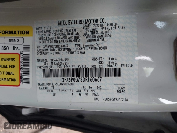 2013 Ford Fusion S with VIN 3FA6P0G73DR160667, listed as a IAAI auction lot 40964633 with 130,487 mi miles. Bid and sale history available at carsss.com. Image 9.