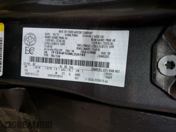 2021 Ford Ranger XL with VIN 1FTER4FH5MLD26185, listed as a Copart auction lot 58040675 with 27,541 mi miles and Salvage title. Bid and sale history available at DreamBid. Image 12.
