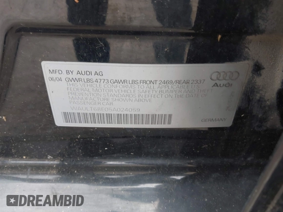 2005 Audi A4 3.0L z VIN WAULT68E05A024059, wystawiony jako IAAI lot #42488146 z przebiegiem Nie podano mil oraz . Historia ofert i sprzedaży dostępna na DreamBid. Obrazek 9.