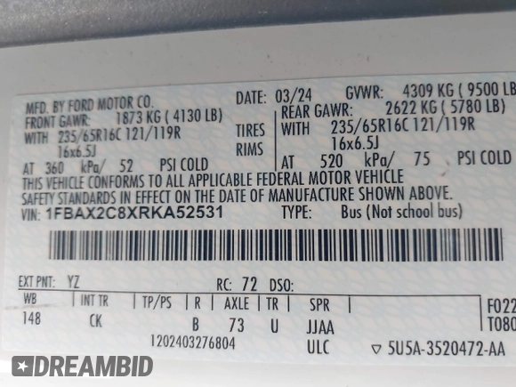 2024 Ford Transit Passenger XL with VIN 1FBAX2C8XRKA52531, listed as a IAAI auction lot 41788665 with 14,070 mi miles and . Bid and sale history available at carsss.com. Image 9.