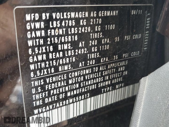 2011 Volkswagen Tiguan SEL with VIN WVGAV7AX9BW559813, listed as a Copart auction lot 55975815 with 160,795 mi miles and Salvage title. Bid and sale history available at DreamBid. Image 13.