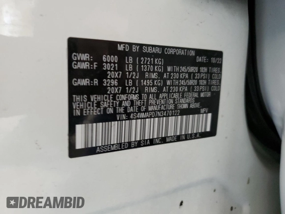 2022 Subaru Ascent Limited with VIN 4S4WMAPD7N3470122, listed as a Copart auction lot 50632295 with 31,815 mi miles and Salvage Title. Bid and sale history available at DreamBid. Image 13.