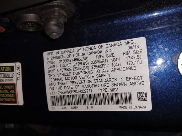2018 Honda CR-V LX with VIN 2HKRW6H30JH227717, listed as a IAAI auction lot 41367143 with 61,529 mi miles. Bid and sale history available at carsss.com. Image 9.