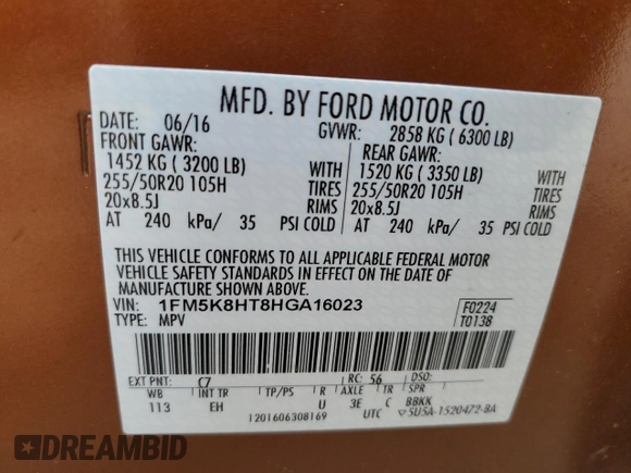 2017 Ford Explorer Platinum with VIN 1FM5K8HT8HGA16023, listed as a Copart auction lot 59529195 with 101,609 mi miles and Salvage title. Bid and sale history available at DreamBid. Image 13.