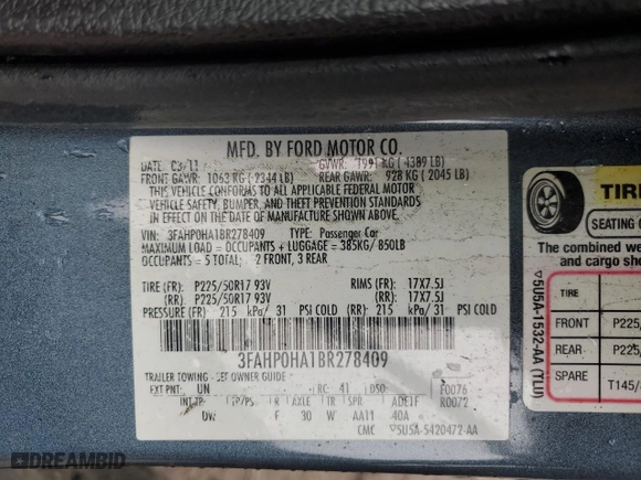 2011 Ford Fusion SE with VIN 3FAHP0HA1BR278409, listed as a Copart auction lot 47469385 with 153,552 mi miles and Salvage Title. Bid and sale history available at carsss.com. Image 14.