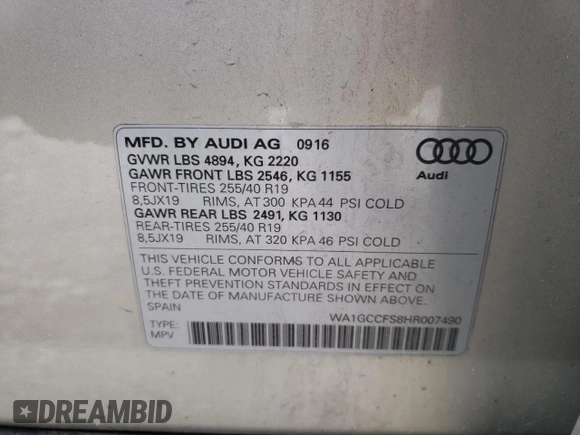 2017 Audi Q3 Prestige with VIN WA1GCCFS8HR007490, listed as a Copart auction lot 50358923 with 92,980 mi miles. Bid and sale history available at carsss.com. Image 13.