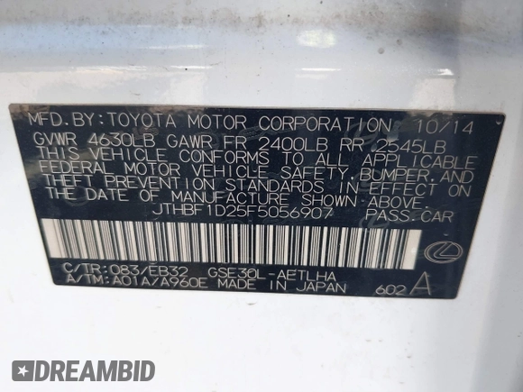 2015 Lexus IS 250 with VIN JTHBF1D25F5056907, listed as a IAAI auction lot 41348874 with 246,372 mi miles and . Bid and sale history available at carsss.com. Image 9.