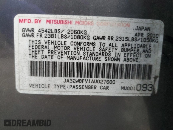 2010 Mitsubishi Lancer Evolution GSR with VIN JA32W8FV1AU027600, listed as a Copart auction lot 84328974 with 88,417 mi miles and Salvage Title. Bid and sale history available at DreamBid. Image 14.