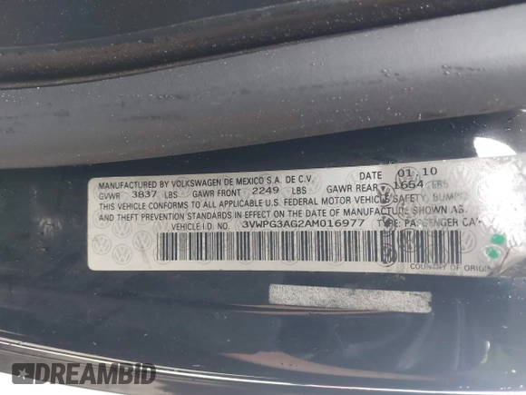 2010 Volkswagen Beetle with VIN 3VWPG3AG2AM016977, listed as a IAAI auction lot 42464694 with 151,698 mi miles and . Bid and sale history available at DreamBid. Image 9.