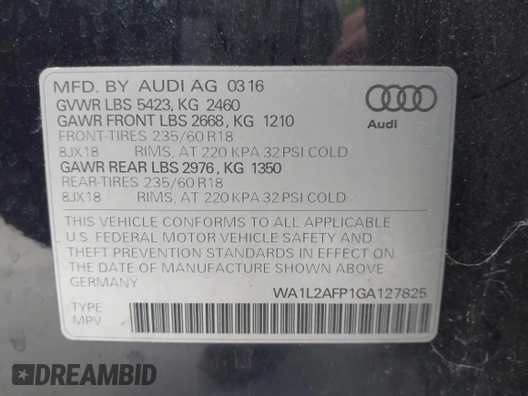 2016 Audi Q5 Premium Plus with VIN WA1L2AFP1GA127825, listed as a IAAI auction lot 42441297 with 97,985 mi miles and . Bid and sale history available at DreamBid. Image 9.