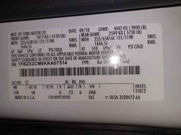 2019 Ford Transit Passenger XL with VIN 1FBZX2CM8KKA07514, listed as a IAAI auction lot 41235965 with 58,224 mi miles. Bid and sale history available at carsss.com. Image 9.