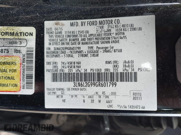 2016 Lincoln MKZ with VIN 3LN6L2G99GR601799, listed as a IAAI auction lot 42350755 with 106,144 mi miles and . Bid and sale history available at DreamBid. Image 9.