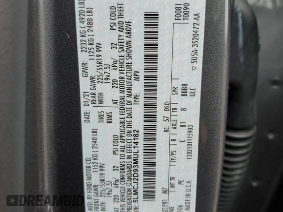 2021 Lincoln Corsair Reserve z VIN 5LMCJ2D93MUL14182, wystawiony jako Copart lot #46123695 z przebiegiem 37 403 mil mil oraz Szkoda całkowita • Salvage title. Historia ofert i sprzedaży dostępna na DreamBid. Obrazek 15.