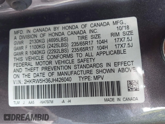 2018 Honda CR-V LX with VIN 2HKRW5H36JH426040, listed as a IAAI auction lot 42031936 with 94,564 mi miles. Bid and sale history available at carsss.com. Image 9.