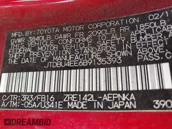 2011 Toyota Corolla L with VIN JTDBU4EE6B9135393, listed as a IAAI auction lot 42161648 with 267,437 mi miles. Bid and sale history available at carsss.com. Image 9.