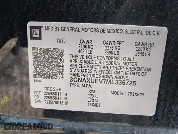 2021 Chevrolet Equinox LT with VIN 3GNAXUEV7ML336725, listed as a IAAI auction lot 42171231 with 105,228 mi miles and . Bid and sale history available at DreamBid. Image 9.