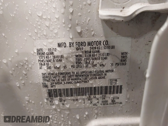 2013 Ford Edge SEL with VIN 2FMDK3J96DBA07187, listed as a IAAI auction lot 41783712 with 139,582 mi miles. Bid and sale history available at carsss.com. Image 9.