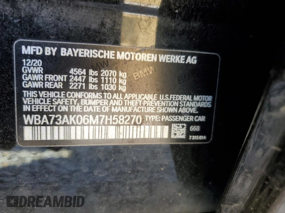 2021 BMW 2 Series 228i xDrive with VIN WBA73AK06M7H58270, listed as a Copart auction lot 45568965 with 78,412 mi miles and Salvage Title. Bid and sale history available at DreamBid. Image 12.