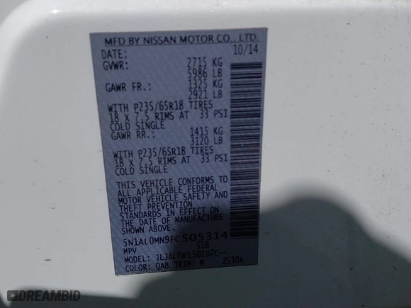 2015 Infiniti QX60 with VIN 5N1AL0MN9FC505314, listed as a IAAI auction lot 41849409 with 166,834 mi miles. Bid and sale history available at carsss.com. Image 9.