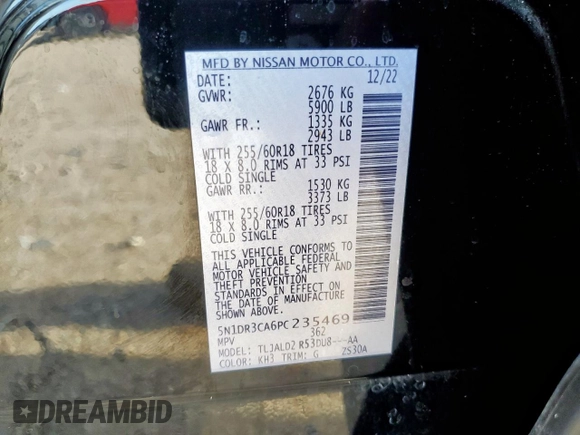 2023 Nissan Pathfinder SL with VIN 5N1DR3CA6PC235469, listed as a Copart auction lot 62963745 with 23,406 mi miles and Clean title. Bid and sale history available at DreamBid. Image 13.