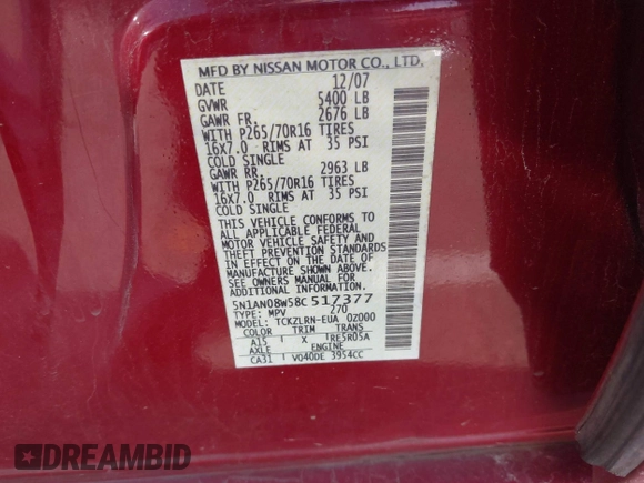 2008 Nissan Xterra X z VIN 5N1AN08W58C517377, wystawiony jako IAAI lot #42082797 z przebiegiem 88 057 mil mil oraz . Historia ofert i sprzedaży dostępna na DreamBid. Obrazek 9.