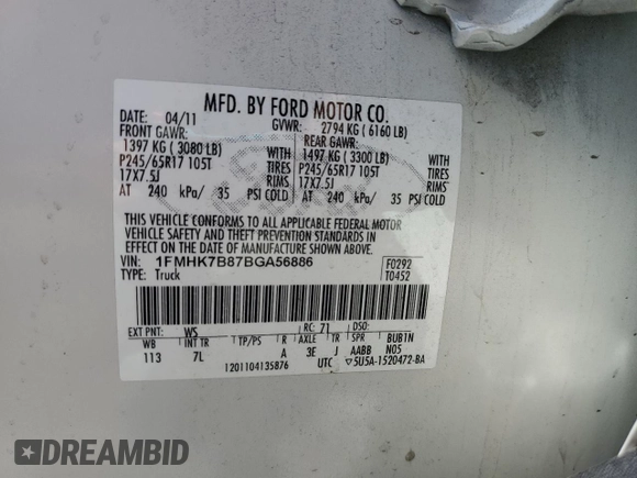 2011 Ford Explorer with VIN 1FMHK7B87BGA56886, listed as a Copart auction lot 62608035 with 151,378 mi miles and Salvage title. Bid and sale history available at DreamBid. Image 13.