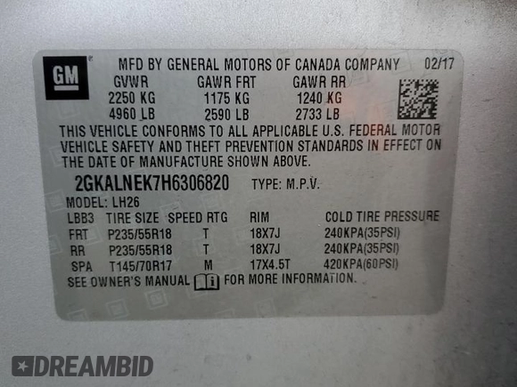 2017 GMC Terrain SLE with VIN 2GKALNEK7H6306820, listed as a Copart auction lot 50320725 with 137,379 mi miles and Clean Title. Bid and sale history available at carsss.com. Image 12.