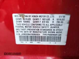 2009 Honda Fit Sport z VIN JHMGE88479S055924, wystawiony jako Copart lot #67186495 z przebiegiem 65 984 mil mil oraz Szkoda całkowita • Salvage title. Historia ofert i sprzedaży dostępna na DreamBid. Obrazek 12.