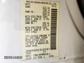 2012 Nissan Titan SV with VIN 1N6BA0ED2CN319597, listed as a Copart auction lot 62016445 with 169,120 mi miles and Salvage title. Bid and sale history available at DreamBid. Image 12.
