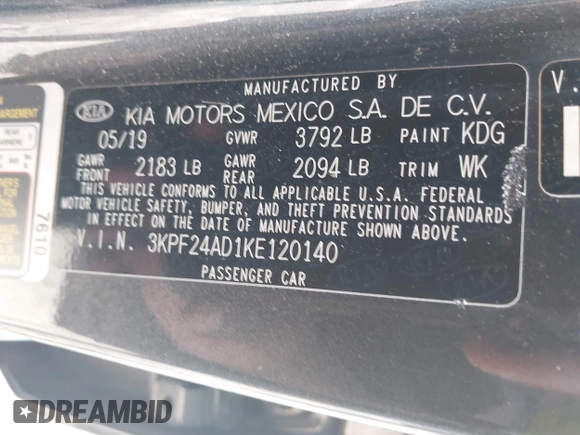 2019 Kia Forte LXS with VIN 3KPF24AD1KE120140, listed as a IAAI auction lot 42571764 with 52,790 mi miles and . Bid and sale history available at DreamBid. Image 9.