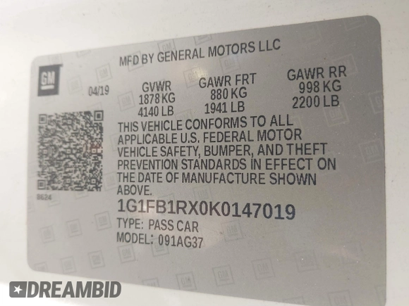 2019 Chevrolet Camaro 1LS with VIN 1G1FB1RX0K0147019, listed as a IAAI auction lot 41859414 with 53,759 mi miles. Bid and sale history available at carsss.com. Image 9.