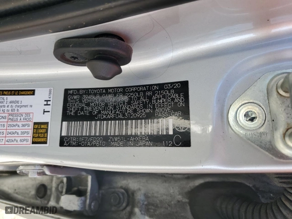 2020 Toyota Prius L Eco with VIN JTDKARFU4L3120925, listed as a Copart auction lot 46131575 with 142,129 mi miles and Salvage Title. Bid and sale history available at carsss.com. Image 13.