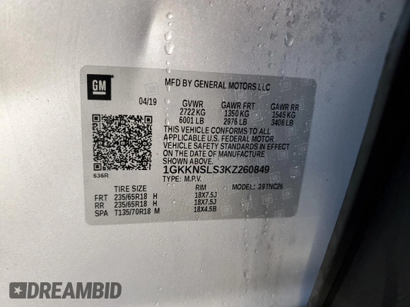 2019 GMC Acadia SLE with VIN 1GKKNSLS3KZ260849, listed as a Copart auction lot 46025345 with 71,666 mi miles and Non Repairable. Bid and sale history available at DreamBid. Image 13.