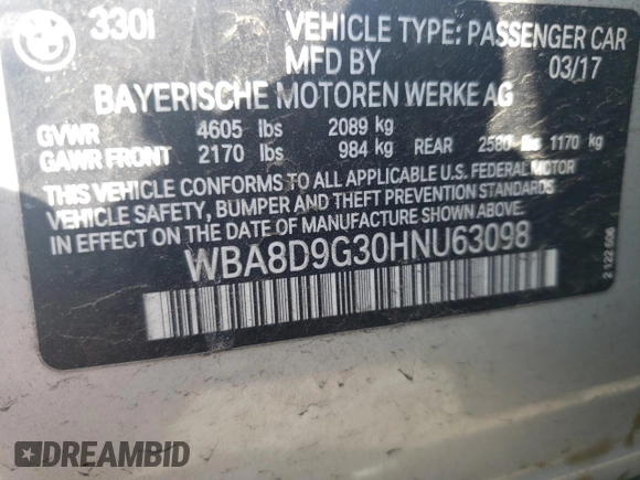 2017 BMW 3 Series 330i xDrive with VIN WBA8D9G30HNU63098, listed as a Copart auction lot 51103485 with 78,102 mi miles and Salvage Title. Bid and sale history available at carsss.com. Image 13.