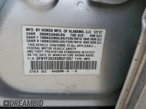 2008 Honda Pilot SE with VIN 5FNYF283X8B021057, listed as a Copart auction lot 43867145 with Not Provided miles and Salvage Title. Bid and sale history available at DreamBid. Image 13.