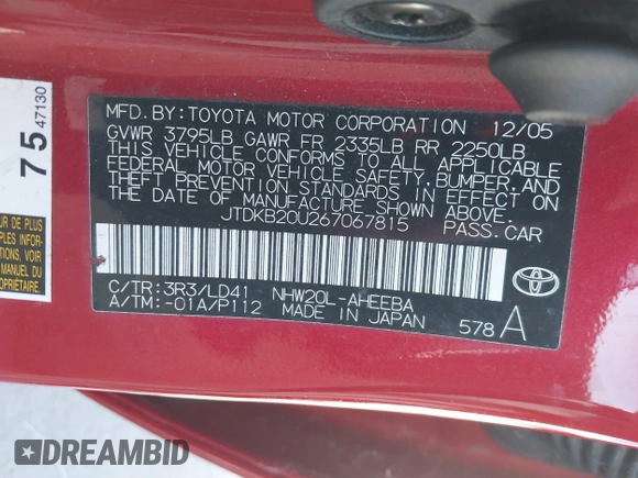 2006 Toyota Prius with VIN JTDKB20U267067815, listed as a IAAI auction lot 40898905 with 150,151 mi miles and . Bid and sale history available at DreamBid. Image 9.