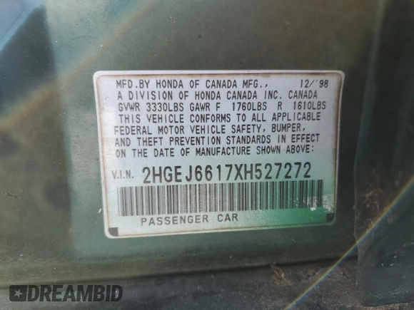 1999 Honda Civic VP z VIN 2HGEJ6617XH527272, wystawiony jako Copart lot #49640465 z przebiegiem 278 909 mil mil oraz Szkoda całkowita • Salvage title. Historia ofert i sprzedaży dostępna na DreamBid. Obrazek 12.