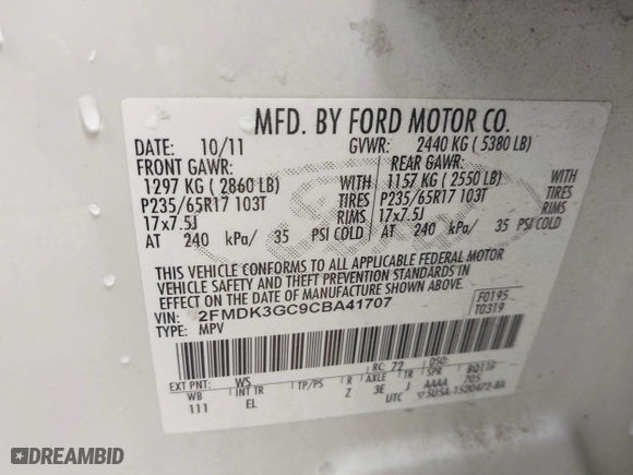 2012 Ford Edge SE with VIN 2FMDK3GC9CBA41707, listed as a IAAI auction lot 41934869 with 145,007 mi miles. Bid and sale history available at carsss.com. Image 9.