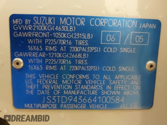 2006 Suzuki Grand Vitara Premium with VIN JS3TD943664100584, listed as a IAAI auction lot 41453129 with 159,220 mi miles and . Bid and sale history available at DreamBid. Image 9.