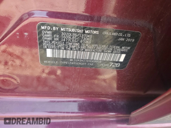2019 Mitsubishi Mirage GT with VIN ML32A5HJ7KH009916, listed as a Copart auction lot 65258104 with 42,777 mi miles and Salvage title. Bid and sale history available at DreamBid. Image 12.