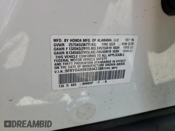 2016 Acura MDX Advance z VIN 5FRYD4H9XGB043188, wystawiony jako Copart lot #56800545 z przebiegiem 98 149 mil mil oraz Szkoda całkowita • Salvage title. Historia ofert i sprzedaży dostępna na DreamBid. Obrazek 13.