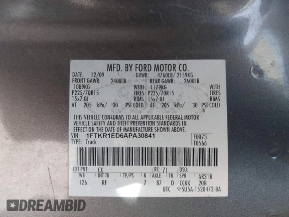2010 Ford Ranger XL с VIN 1FTKR1ED6APA30841, выставлен на аукционе IAAI как лот 42001632 с пробегом 134 877 миль миль и . История ставок и продаж доступна на DreamBid. Изображение 9.