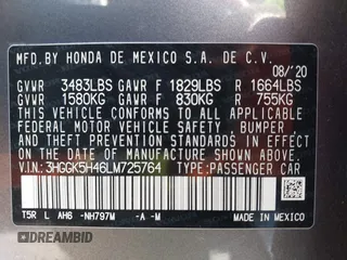 2020 Honda Fit LX with VIN 3HGGK5H46LM725764, listed as a IAAI auction lot 42499144 with 79,758 mi miles and . Bid and sale history available at DreamBid. Image 9.