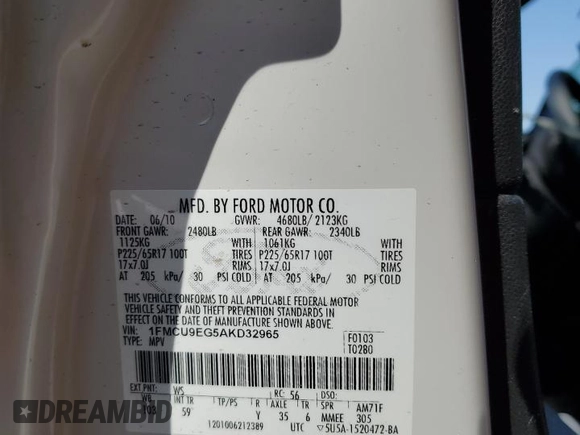 2010 Ford Escape Limited with VIN 1FMCU9EG5AKD32965, listed as a Copart auction lot 59765695 with Not provided miles and Salvage title. Bid and sale history available at DreamBid. Image 13.