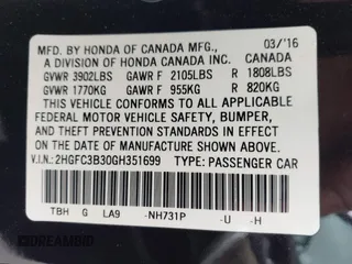 2016 Honda Civic EX-T with VIN 2HGFC3B30GH351699, listed as a IAAI auction lot 42063109 with 101,477 mi miles and . Bid and sale history available at DreamBid. Image 9.
