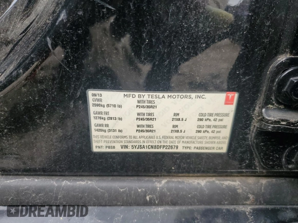 2013 Tesla Model S z VIN 5YJSA1CN8DFP22679, wystawiony jako Copart lot #51812615 z przebiegiem 1 211 mil mil oraz Czysty tytuł • Clean title. Historia ofert i sprzedaży dostępna na DreamBid. Obrazek 12.